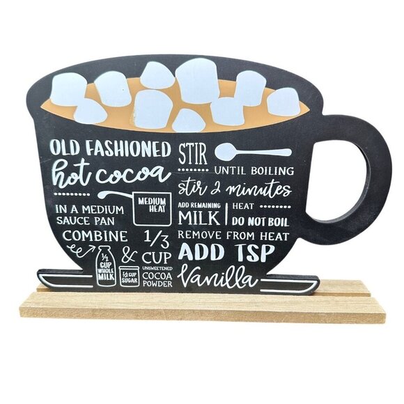 Hot Cocoa Recipe Cup Sign 10in Freestanding Farmhouse Kitchen Holiday Decor - Picture 3 of 11